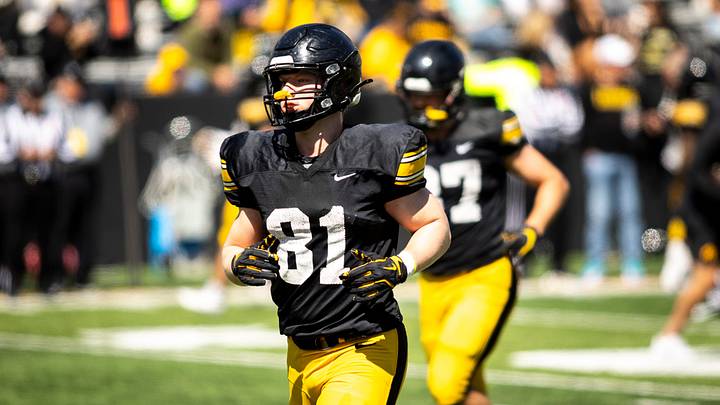 Apr 26, 2025; Iowa City, IA, USA; Iowa tight end DJ Vonnahme (81) runs during a spring NCAA football open practice at Kinnick Stadium. Mandatory Credit: Joseph Cress/For the Register