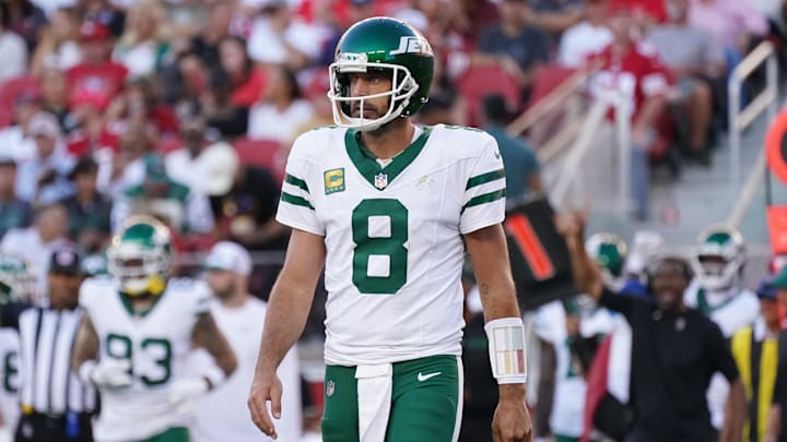 Sep 9, 2024; Santa Clara, California, USA; New York Jets quarterback Aaron Rodgers (8) waits for play to resume in the second quarter against the San Francisco 49ers at Levi's Stadium. Mandatory Credit: David Gonzales-Imagn Images