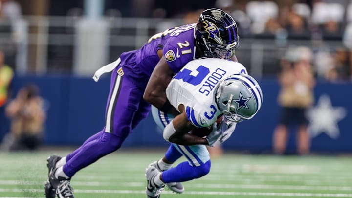 Sep 22, 2024; Arlington, Texas, USA; Dallas Cowboys wide receiver Brandin Cooks (3) is tackled after a reception by Baltimore Ravens cornerback Brandon Stephens (21) during the first quarter at AT&T Stadium. Sep 22, 2024; Arlington, Texas, USA; Dallas Cowboys wide receiver Brandin Cooks (3) is tackled after a reception by Baltimore Ravens cornerback Brandon Stephens (21) during the first quarter at AT&T Stadium.