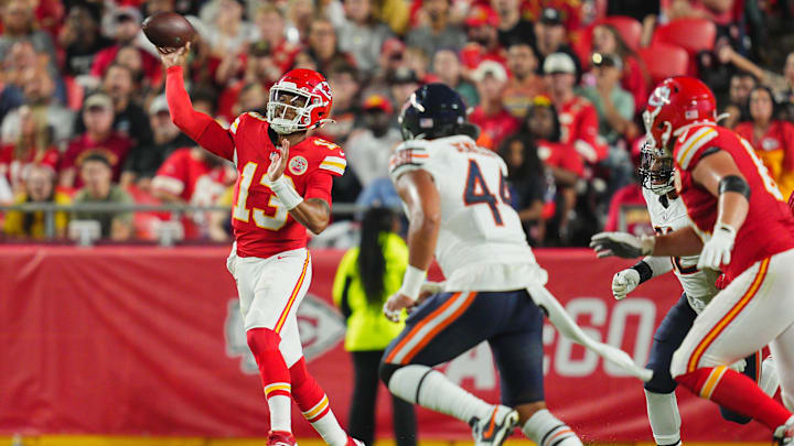 Aug 22, 2024; Kansas City, Missouri, USA; Kansas City Chiefs quarterback Chris Oladokun (13) throws a pass against the Chicago Bears during the first half at GEHA Field at Arrowhead Stadium. Mandatory Credit: Jay Biggerstaff-Imagn Images