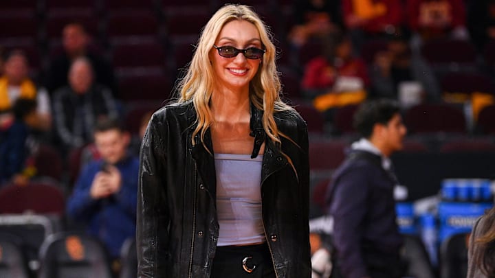 Los Angeles Sparks forward Cameron Brink looks on before the women’s college basketball game between the Notre Dame Fighting Irish and the USC Trojans.