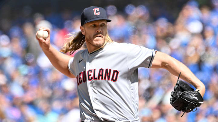Aug 27, 2023; Toronto, Ontario, CAN;  Cleveland Guardians starting pitcher Noah Syndergaard (34) delivers a pitch against the Toronto Blue Jays in the first inning at Rogers Centre. 