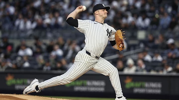 Apr 6, 2024; Bronx, New York, USA; New York Yankees starting pitcher Clarke Schmidt (36) delivers a Apr 6, 2024; Bronx, New York, USA; New York Yankees starting pitcher Clarke Schmidt (36) delivers a