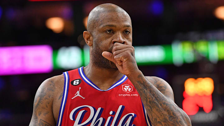 May 5, 2023; Philadelphia, Pennsylvania, USA; Philadelphia 76ers forward P.J. Tucker (17) against the Boston Celtics during game three of the 2023 NBA playoffs at Wells Fargo Center. Mandatory Credit: Eric Hartline-Imagn Images