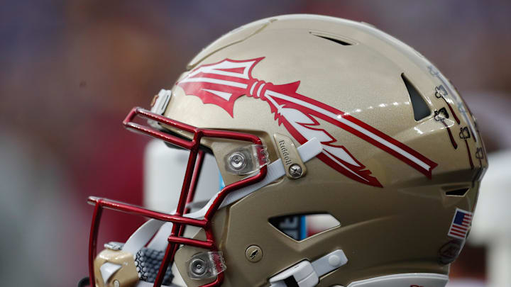 Nov 4, 2023; Pittsburgh, Pennsylvania, USA; A Florida State Seminoles helmet on the sidelines against the Pittsburgh Panthers during the second quarter at Acrisure Stadium. Mandatory Credit: Charles LeClaire-Imagn Images Nov 4, 2023; Pittsburgh, Pennsylvania, USA; A Florida State Seminoles helmet on the sidelines against the Pittsburgh Panthers during the second quarter at Acrisure Stadium. Mandatory Credit: Charles LeClaire-Imagn Images