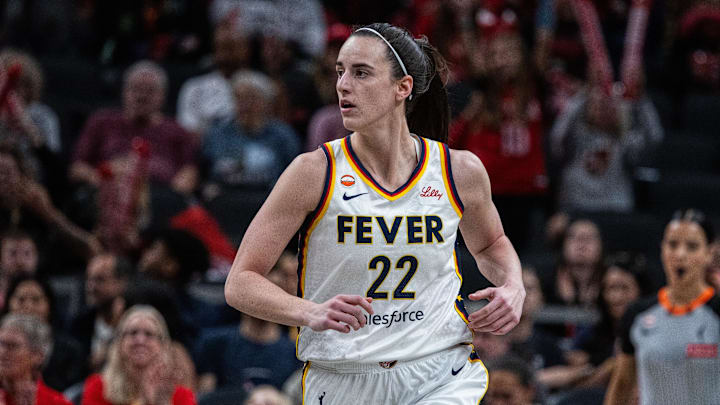 Apr 30, 2026; Indianapolis, IN, USA;  Indiana Fever guard Caitlin Clark (22) celebrates a made shot in the first half against the Dallas Wings at the Gainbridge Fieldhouse. Mandatory Credit: Trevor Ruszkowski-Imagn Images