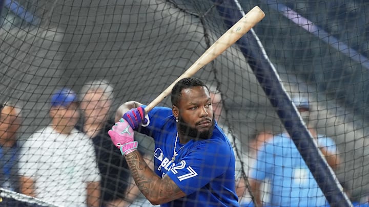 Aug 12, 2025; Toronto, Ontario, CAN; Toronto Blue Jays first baseman Vladimir Guerrero Jr. (27) takes batting practice before a game against the Chicago Cubs at Rogers Centre. 