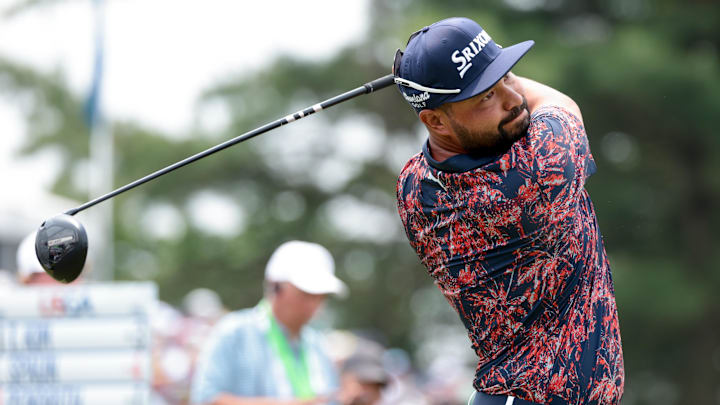 Jun 13, 2025; Oakmont, Pennsylvania, USA; JJ Spaun plays his shot from the third tee during the second round of the U.S. Open golf tournament. 