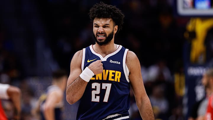 Dec 13, 2024; Denver, Colorado, USA; Denver Nuggets guard Jamal Murray (27) reacts in the first quarter against the Los Angeles Clippers at Ball Arena. Mandatory Credit: Isaiah J. Downing-Imagn Images