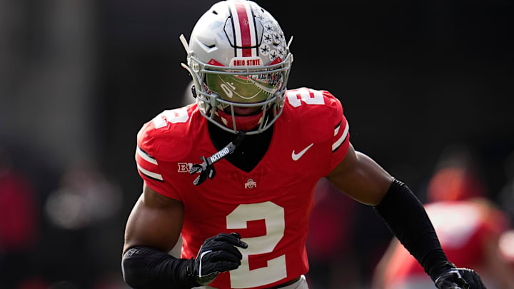 Ohio State Buckeyes defensive back Caleb Downs warms up during the NCAA football game against the Penn State Nittany Lions.