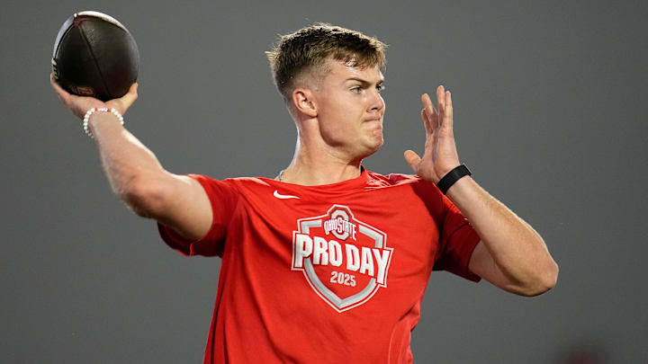 Ohio State Buckeyes quarterback Will Howard throws during the pro day for NFL scouts at the Woody Hayes Athletic Cente on March 26, 2025. Ohio State Buckeyes quarterback Will Howard throws during the pro day for NFL scouts at the Woody Hayes Athletic Cente on March 26, 2025.