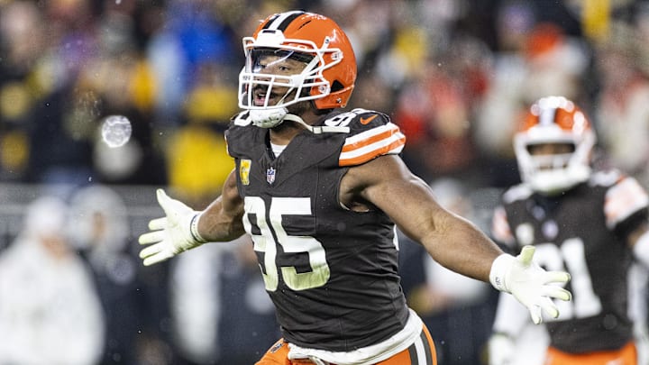 Nov 21, 2024; Cleveland, Ohio, USA; Cleveland Browns defensive end Myles Garrett (95) celebrates a team fumble recovery against the Pittsburgh Steelers during the second quarter at Huntington Bank Field Stadium.