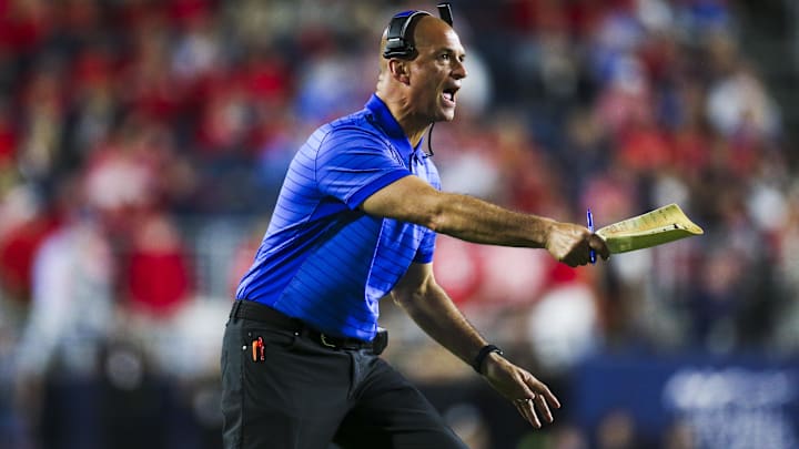Nov 15, 2025; Oxford, Mississippi, USA; Florida Gators interim head coach Billy Gonzales reacts to a play against the Mississippi Rebels during the second half at Vaught-Hemingway Stadium. Mandatory Credit: Petre Thomas-Imagn Images