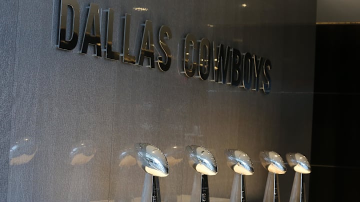 5 Vince Lombardi trophies won by the Dallas Cowboys organization sit in the lobby at Dallas Cowboys headquarters at The Star. 5 Vince Lombardi trophies won by the Dallas Cowboys organization sit in the lobby at Dallas Cowboys headquarters at The Star.