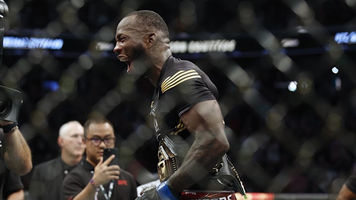 Aug 20, 2022; Salt Lake City, Utah, USA; Leon Edwards (blue gloves) reacts after defeating Kamaru