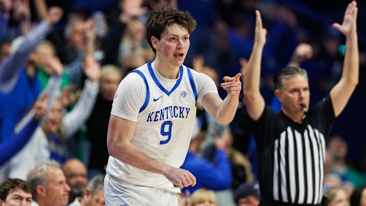 Feb 11, 2025; Lexington, Kentucky, USA; Kentucky Wildcats forward Trent Noah (9) reacts after making a three point basket during the first half against the Tennessee Volunteers at Rupp Arena at Central Bank Center. Mandatory Credit: Jordan Prather-Imagn Images