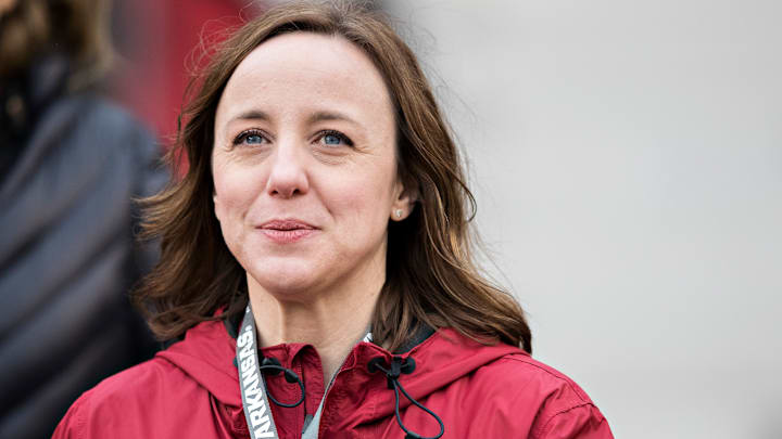 Former University of Arkansas Deputy Athletic Director Julie Cromer watches for the sidelines during a game at Donald Reynolds Razorback Stadium against Mississippi State in 2019. 