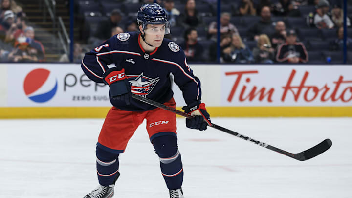 Sep 28, 2022; Columbus, Ohio, USA; Columbus Blue Jackets defenseman Denton Mateychuk (5) skates against the Buffalo Sabres in the third period at Nationwide Arena. Mandatory Credit: Aaron Doster-Imagn Images Sep 28, 2022; Columbus, Ohio, USA; Columbus Blue Jackets defenseman Denton Mateychuk (5) skates against the Buffalo Sabres in the third period at Nationwide Arena. Mandatory Credit: Aaron Doster-Imagn Images