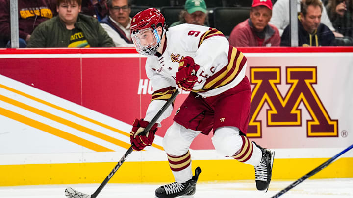 Apr 11, 2024; Saint Paul, Minnesota, USA; Boston College forward Ryan Leonard (9) carries the puck in the semifinals of the 2024 Frozen Four college ice hockey tournament during the second period against Michigan at Xcel Energy Center. Mandatory Credit: Brace Hemmelgarn-Imagn Images Apr 11, 2024; Saint Paul, Minnesota, USA; Boston College forward Ryan Leonard (9) carries the puck in the semifinals of the 2024 Frozen Four college ice hockey tournament during the second period against Michigan at Xcel Energy Center. Mandatory Credit: Brace Hemmelgarn-Imagn Images