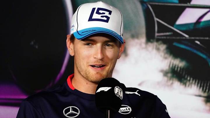 May 2, 2024; Miami Gardens, Florida, USA;  Williams driver Logan Sargeant (2) addresses the media in advance of the Miami Grand Prix at the Miami International Autodrome. Mandatory Credit: John David Mercer-Imagn Images