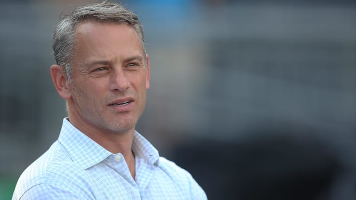 Aug 16, 2019; Pittsburgh, PA, USA;  Chicago Cubs general manager Jed Hoyer observes batting practice against the Pittsburgh Pirates at PNC Park.