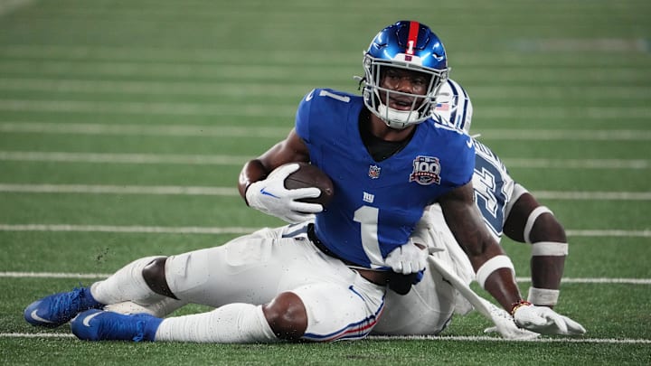 Sep 26, 2024: New York Giants wide receiver Malik Nabers on a short gain against Dallas Cowboys.