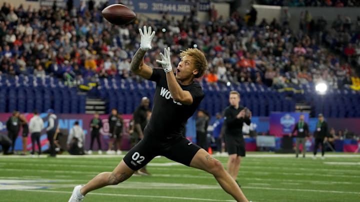 Mar 2, 2024; Indianapolis, IN, USA; Alabama wide receiver Jermaine Burton (WO02) during the 2024 NFL Combine at Lucas Oil Stadium. Mandatory Credit: Kirby Lee-USA TODAY Sports