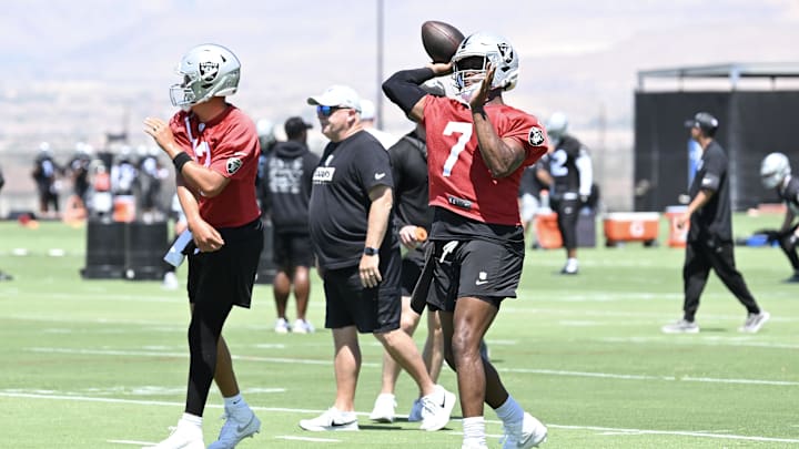 Jun 10, 2025; Henderson, NV, USA; Las Vegas Raiders quarterback Geno Smith (7) throws the ball during Las Vegas Raiders Minicamp at Intermountain Health Performance Center. Mandatory Credit: Candice Ward-Imagn Images