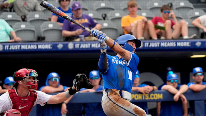 May 20, 2025; Hoover, AL, USA; Kentucky second baseman Luke Lawrence (10) lines a double off the wall in center against Oklahoma in the first round of the SEC Baseball Tournament at the Hoover Met.
