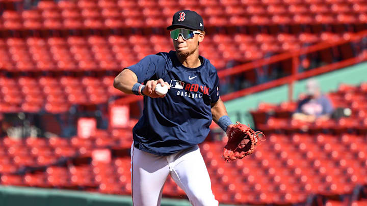 May 16, 2025; Boston, Massachusetts, USA; Boston Red Sox second baseman Kristian Campbell (28) warms up before a game against the Atlanta Braves at Fenway Park. Mandatory Credit: Eric Canha-Imagn Images