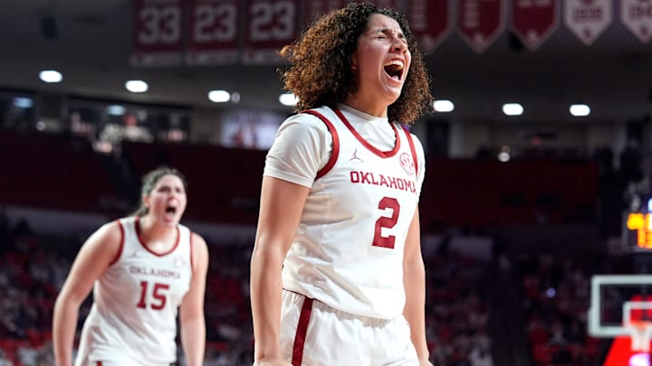 Oklahoma guard Aaliyah Chavez celebrates after making a bucket against South Carolina. Oklahoma guard Aaliyah Chavez celebrates after making a bucket against South Carolina.