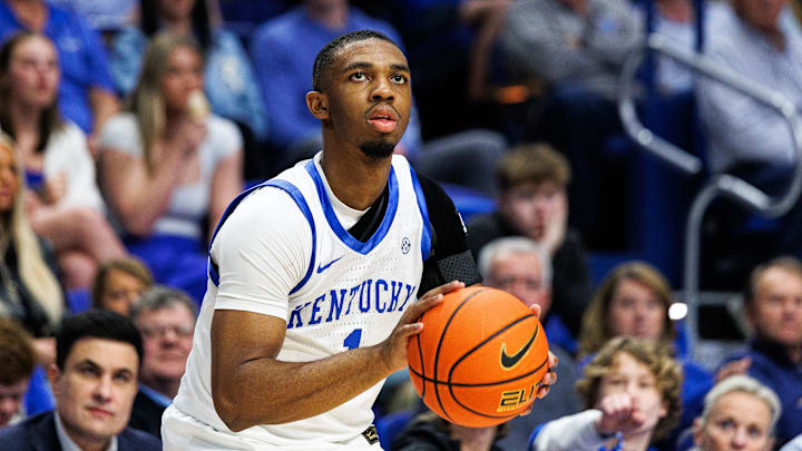 Mar 4, 2025; Lexington, Kentucky, USA; Kentucky Wildcats guard Lamont Butler (1) shoots the ball during the second half against the LSU Tigers at Rupp Arena at Central Bank Center. Mandatory Credit: Jordan Prather-Imagn Images