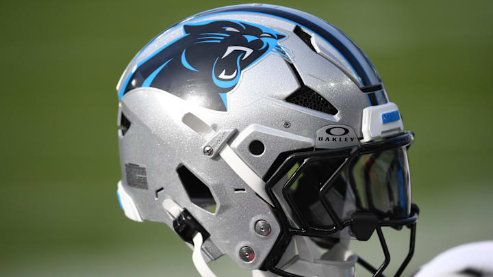 Carolina Panthers helmet rests on the bench against the Philadelphia Eagles