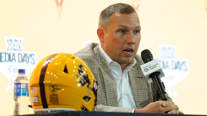 Jul 8, 2025; Frisco, TX, USA; Arizona State head coach Kenny Dillingham addresses the media during 2025 Big 12 Football Media Days at The Star. Mandatory Credit: Raymond Carlin III-Imagn Images Jul 8, 2025; Frisco, TX, USA; Arizona State head coach Kenny Dillingham addresses the media during 2025 Big 12 Football Media Days at The Star. Mandatory Credit: Raymond Carlin III-Imagn Images