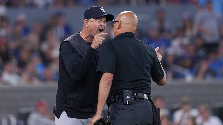Aug 14, 2026; Toronto, Ontario, CAN; New York Yankees manager Aaron Boone (17) talks with the home plate umpire against the Toronto Blue Jays during the sixth inning at Rogers Centre. Mandatory Credit: Nick Turchiaro-Imagn Images Aug 14, 2026; Toronto, Ontario, CAN; New York Yankees manager Aaron Boone (17) talks with the home plate umpire against the Toronto Blue Jays during the sixth inning at Rogers Centre. Mandatory Credit: Nick Turchiaro-Imagn Images