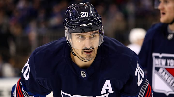 Nov 3, 2024; New York, New York, USA; New York Rangers left wing Chris Kreider (20) skates against the New York Islanders during the third period at Madison Square Garden. Mandatory Credit: Danny Wild-Imagn Images