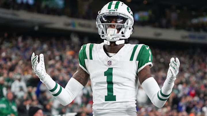 Oct 14, 2024; East Rutherford, New Jersey, USA; New York Jets cornerback Sauce Gardner (1) reacts to a call during the first half against the Buffalo Bills at MetLife Stadium. Mandatory Credit: Lucas Boland-Imagn Images
