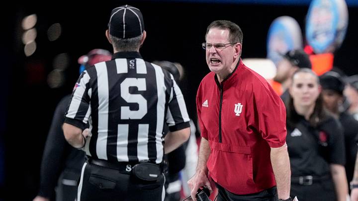 Indiana Hoosiers head coach Curt Cignetti yells at an official Friday, Jan. 9, 2026, during the Peach Bowl and semifinal game of the College Football Playoff against the Oregon Ducks at Mercedes-Benz Stadium in Atlanta.