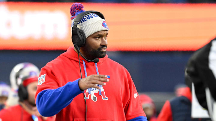 Dec 1, 2024; Foxborough, Massachusetts, USA; New England Patriots head coach Jerod Mayo looks on from the sideline during the second half against the Indianapolis Colts at Gillette Stadium.