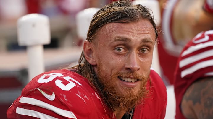 Sep 9, 2024; Santa Clara, California, USA; San Francisco 49ers tight end George Kittle (85) watches the action in the second quarter against the New York Jets at Levi's Stadium. Mandatory Credit: David Gonzales-Imagn Images