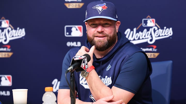 Oct 28, 2025; Los Angeles, California, USA; Toronto Blue Jays manager John Schneider (14) speaks at the postgame press conference after the game against the Los Angeles Dodgers during game four of the 2025 MLB World Series at Dodger Stadium. 
