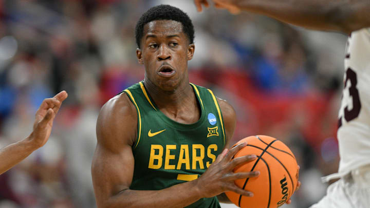 Mar 21, 2025; Raleigh, NC, USA; Baylor Bears guard VJ Edgecombe (7) has the ball against the Mississippi State Bulldogs during the second half in the first round of the NCAA Tournament at Lenovo Center. Mandatory Credit: Zachary Taft-Imagn Images