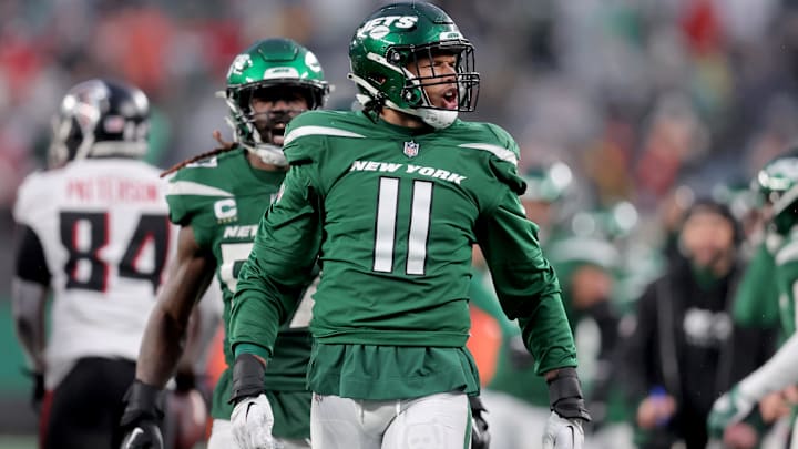 Dec 3, 2023; East Rutherford, New Jersey, USA; New York Jets linebacker Jermaine Johnson (11) reacts during the fourth quarter against the Atlanta Falcons at MetLife Stadium. Mandatory Credit: Brad Penner-Imagn Images