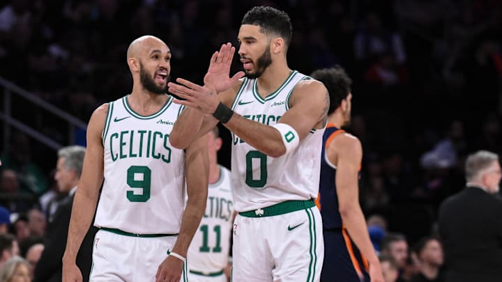 Apr 8, 2025; New York, New York, USA: Boston Celtics forward Jayson Tatum (0) and Boston Celtics guard Derrick White (9) react during the first half against the New York Knicks at Madison Square Garden. Mandatory Credit: John Jones-Imagn Images