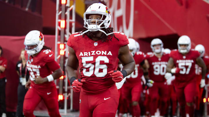 Aug 10, 2024; Glendale, Arizona, USA; Arizona Cardinals defensive end Darius Robinson (56) against the New Orleans Saints during a preseason NFL game at State Farm Stadium. Mandatory Credit: Mark J. Rebilas-Imagn Images
Aug 10, 2024; Glendale, Arizona, USA; Arizona Cardinals defensive end Darius Robinson (56) against the New Orleans Saints during a preseason NFL game at State Farm Stadium. Mandatory Credit: Mark J. Rebilas-Imagn Images