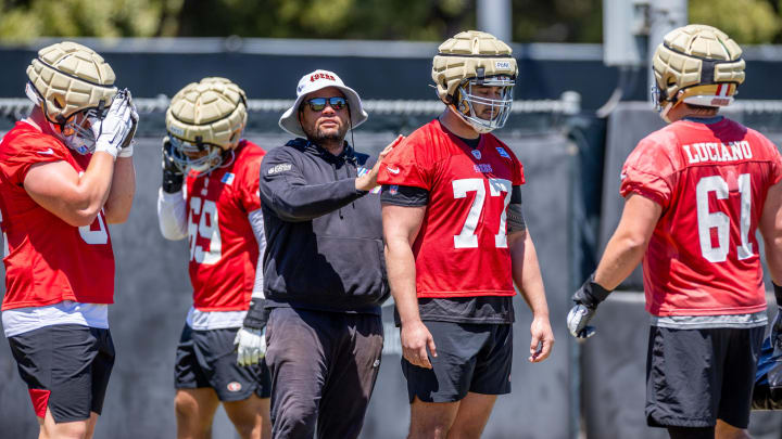 May 10, 2024; Santa Clara, CA, USA; San Francisco 49ers rookie offensive linemen rest during the rookie minicamp at Leviís Stadium in Santa Clara, CA. Mandatory Credit: Robert Kupbens-USA TODAY Sports
