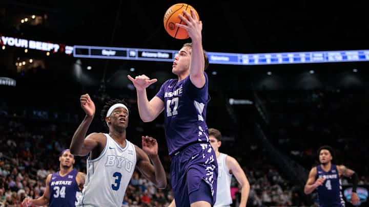 Mar 10, 2026; Kansas City, MO, USA; Kansas State Wildcats forward Andrej Kostic (47) shoots the ball over BYU Cougars forward AJ Dybantsa (3) during the second half at T-Mobile Center. Mandatory Credit: William Purnell-Imagn Images Mar 10, 2026; Kansas City, MO, USA; Kansas State Wildcats forward Andrej Kostic (47) shoots the ball over BYU Cougars forward AJ Dybantsa (3) during the second half at T-Mobile Center. Mandatory Credit: William Purnell-Imagn Images