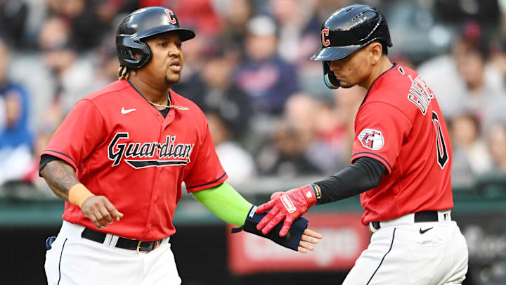 Jun 7, 2023; Cleveland, Ohio, USA; Cleveland Guardians third baseman Jose Ramirez (11) celebrates after scoring with second baseman Andres Gimenez (0) during the fourth inning against the Boston Red Sox at Progressive Field. Mandatory Credit: Ken Blaze-Imagn Images Jun 7, 2023; Cleveland, Ohio, USA; Cleveland Guardians third baseman Jose Ramirez (11) celebrates after scoring with second baseman Andres Gimenez (0) during the fourth inning against the Boston Red Sox at Progressive Field. Mandatory Credit: Ken Blaze-Imagn Images