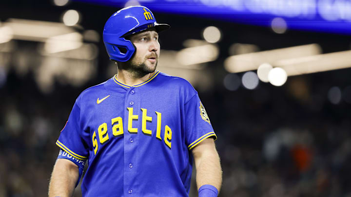 Apr 10, 2026; Seattle, Washington, USA; Seattle Mariners catcher Cal Raleigh (29) reacts after hitting a sacrifice fly against the Houston Astros during the fourth inning at T-Mobile Park. Mandatory Credit: Joe Nicholson-Imagn Images