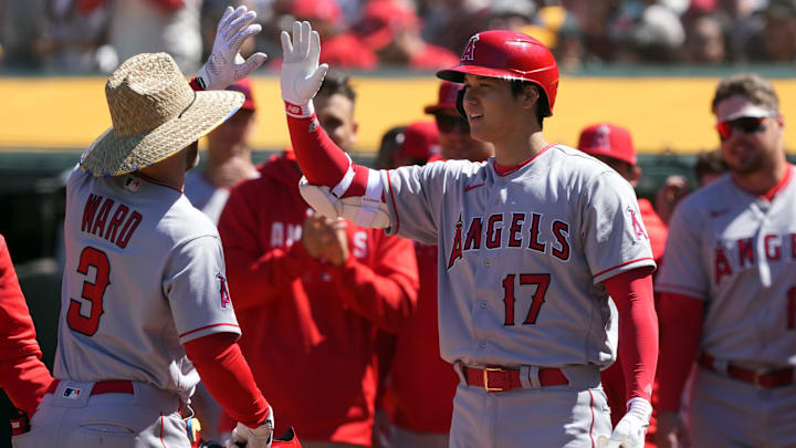 Apr 1, 2023; Oakland, California, USA; Los Angeles Angels left fielder Taylor Ward (3) is